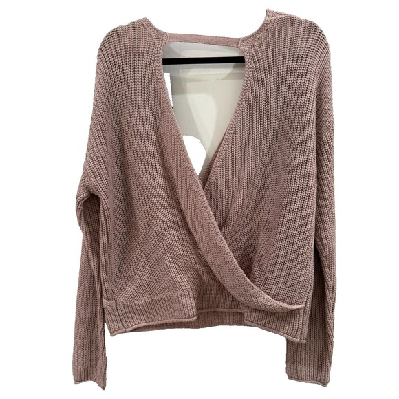 Moon & Madison NWT Women's Medium Pink Knit Wrap Open Back Sweater V Front Back - Picture 2 of 3